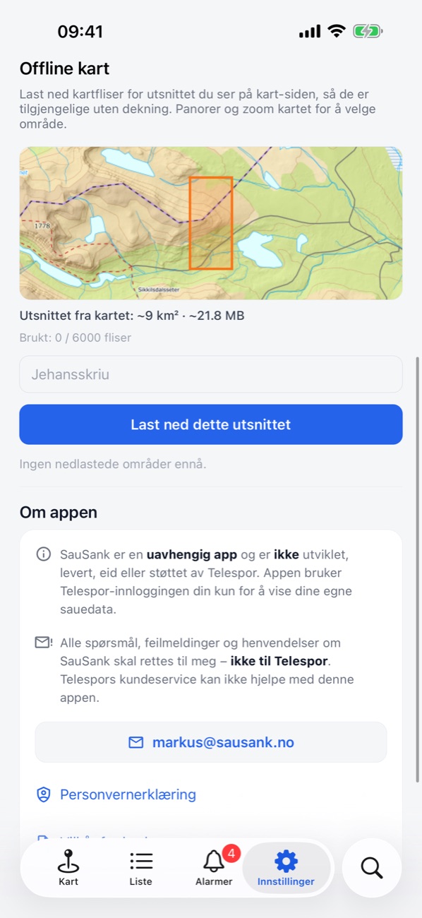 Offlinekart i SauSank: nedlastede kartområder